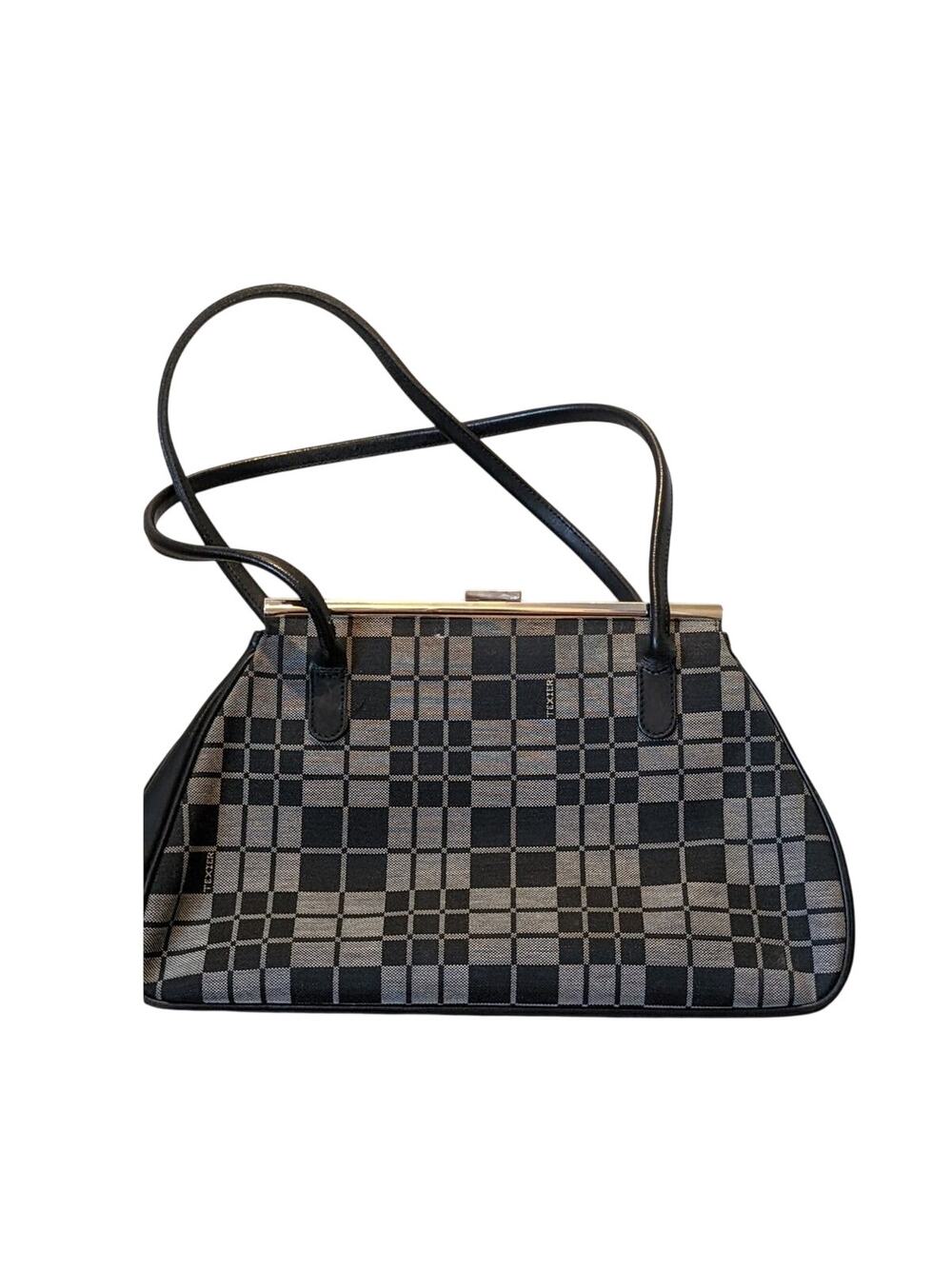 Texier Black Gray Plaid Logo Kiss Lock Double Handle Vintage Handbag
